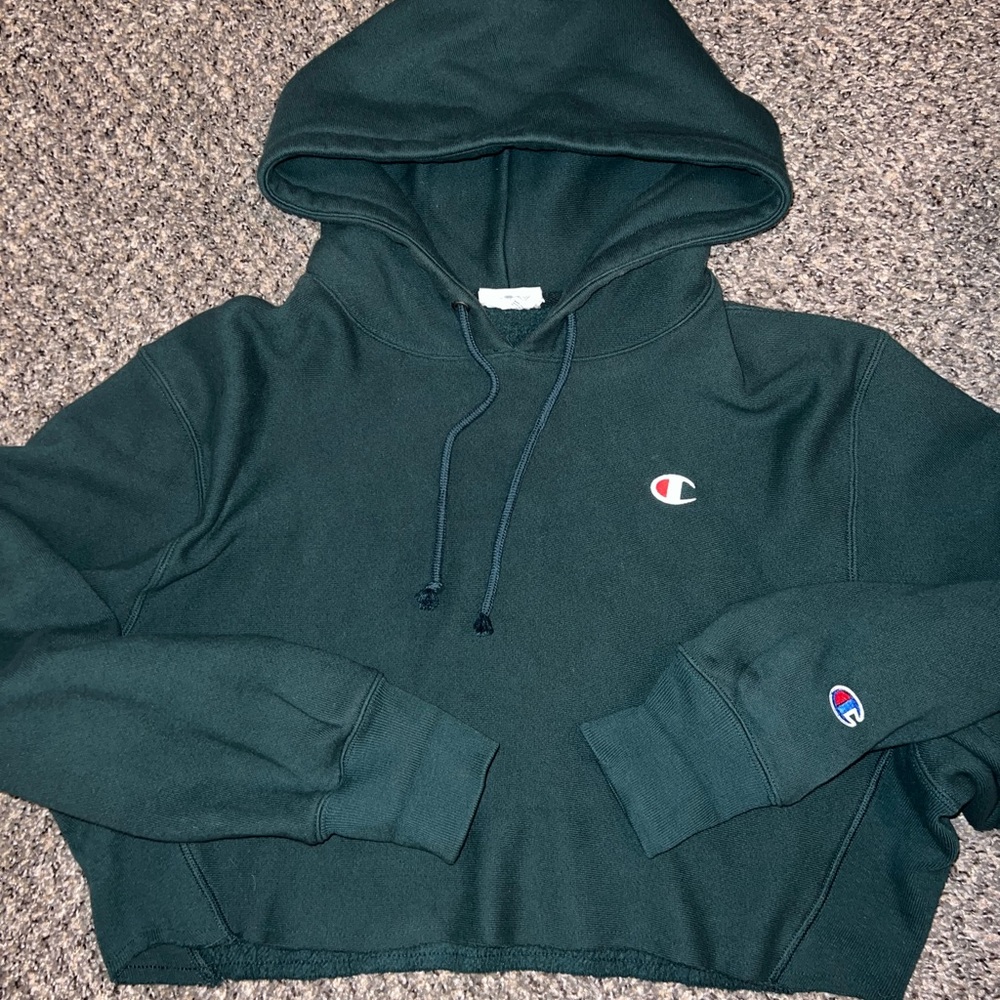 Champion Reverse Weave Cropped Hooded Sweatshirt Dark Green Size Large